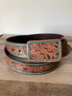 Tan floral leather belt with matching buckle